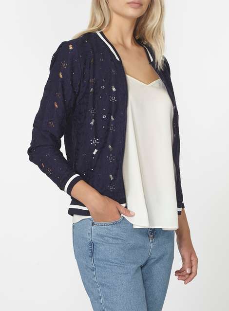 Navy floral lace bomber